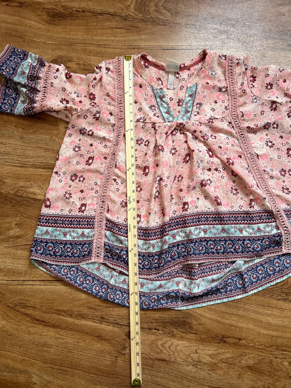 Knox Rose XXL Pink Floral Boho Peasant Blouse Bell Sleeve Top - Picture 4 of 9